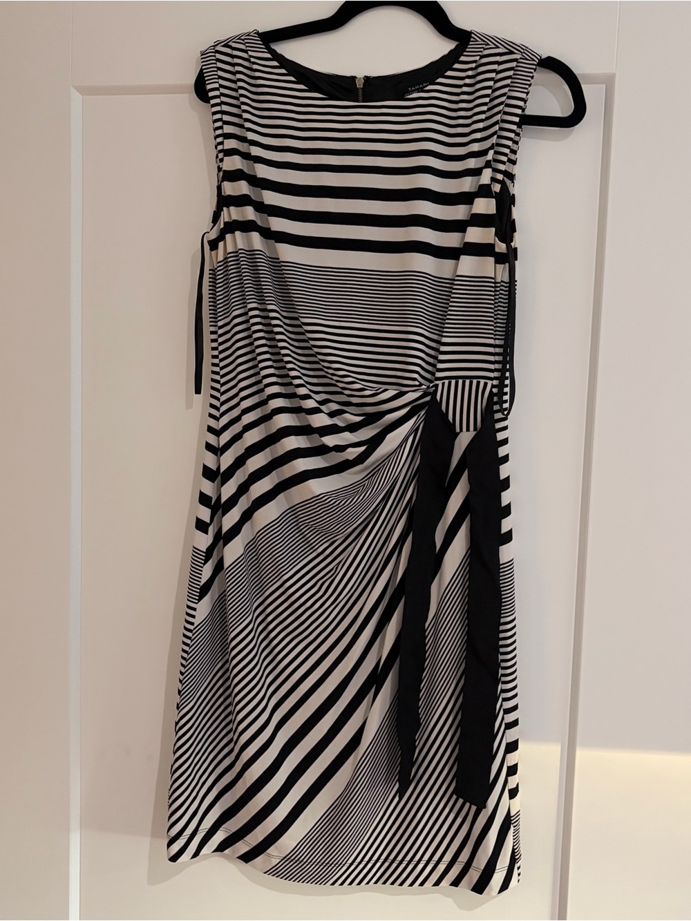 Tahari Sleeveless Black & White Striped Knot-Front Dress